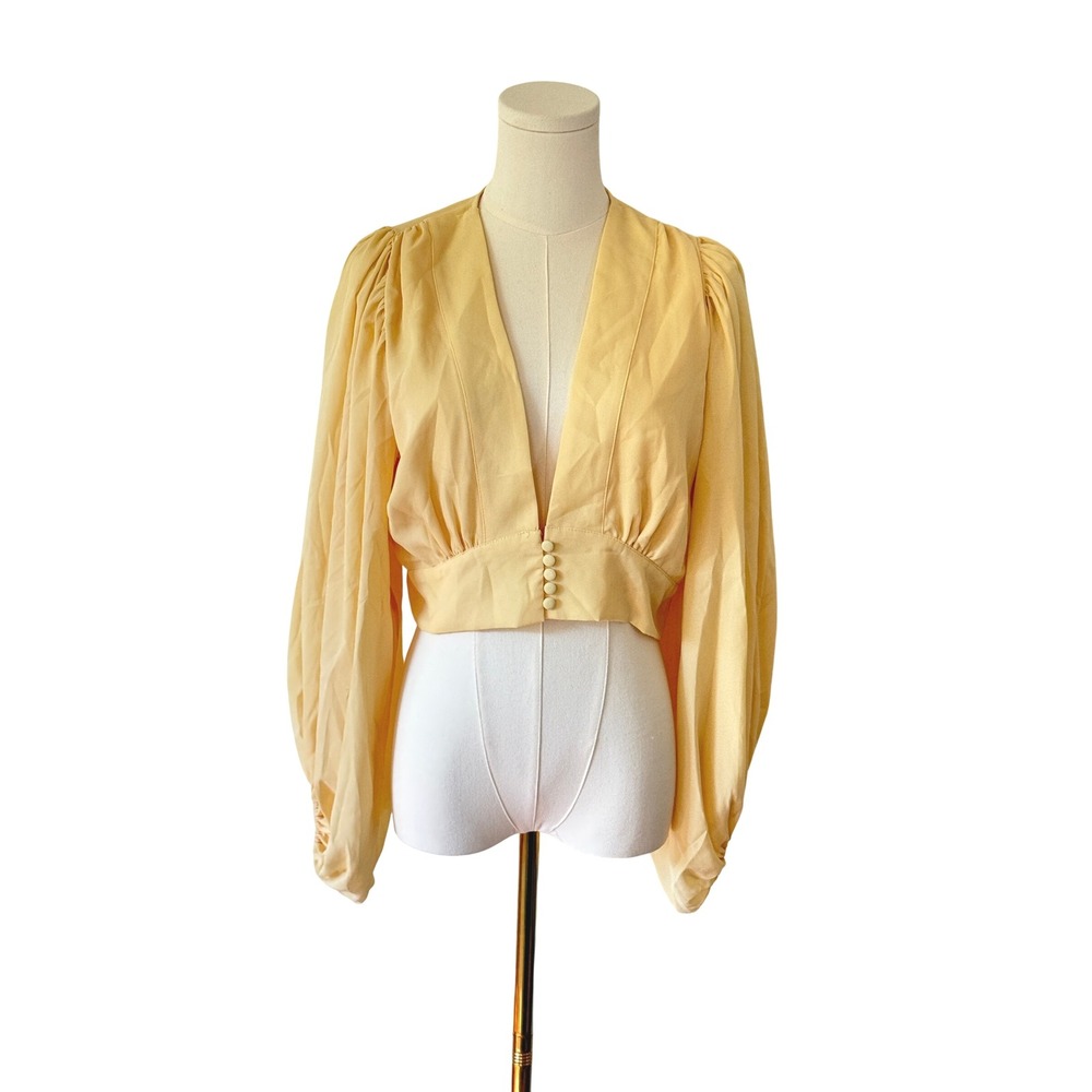 Cena Sheer Balloon Sleeve Crop Top Plunge Button Butter Blouse Yellow M